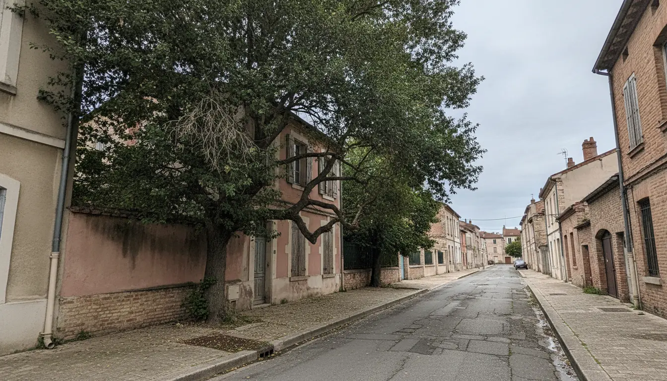 Platane dense avant taille sanitaire près d’une façade