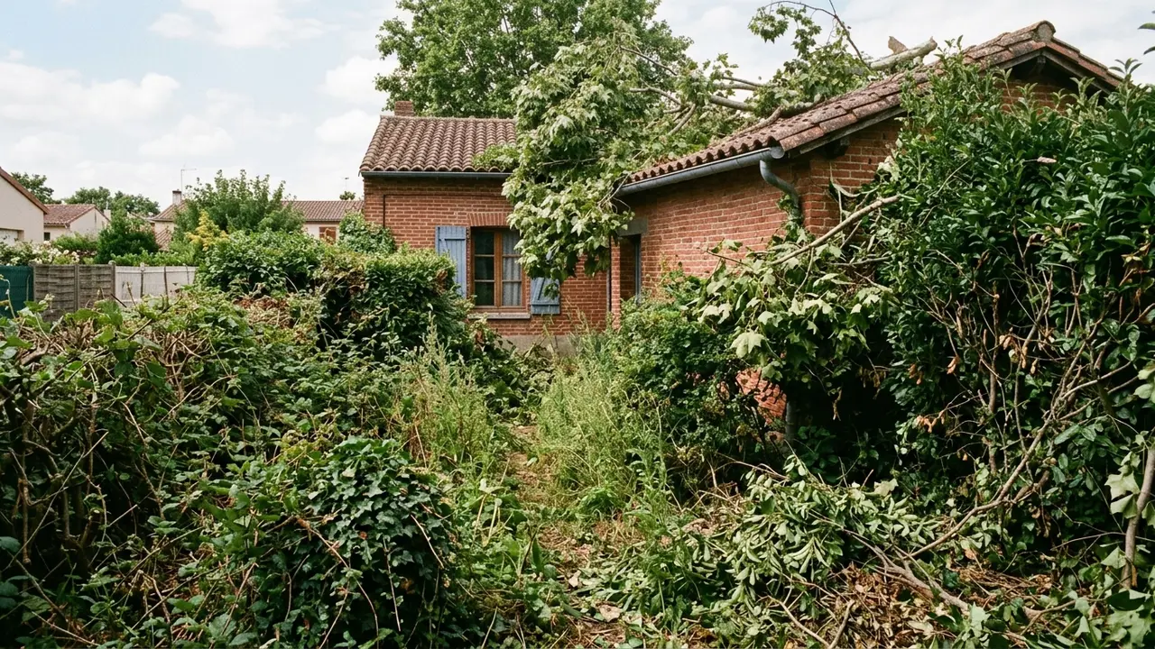 Terrain toulousain envahi de ronces et herbes hautes avant débroussaillage