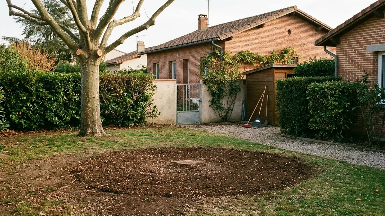 Sol nivelé après dessouchage mécanique dans un jardin à Toulouse