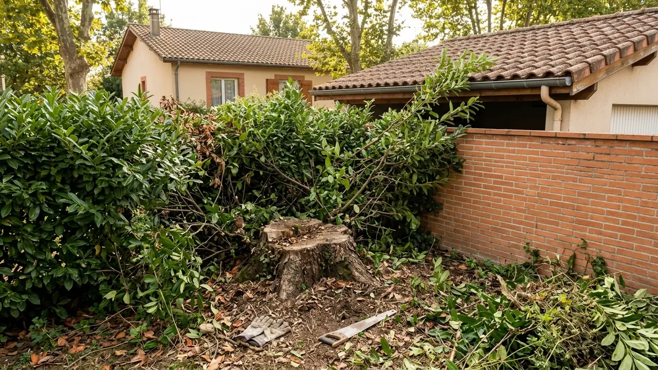 Souche d'arbre visible dans un jardin toulousain avant rognage