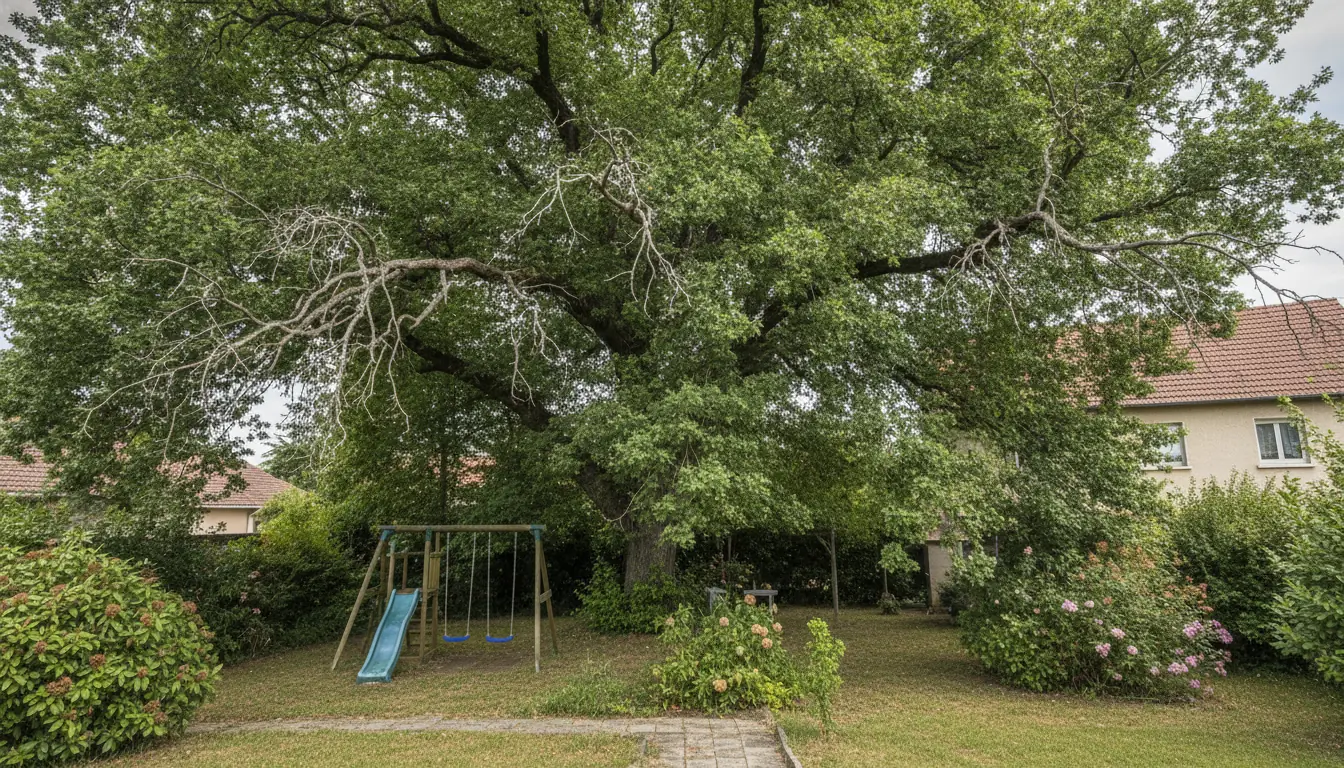 Chêne portant des branches mortes au-dessus d'un jardin avant taille à Pouvourville