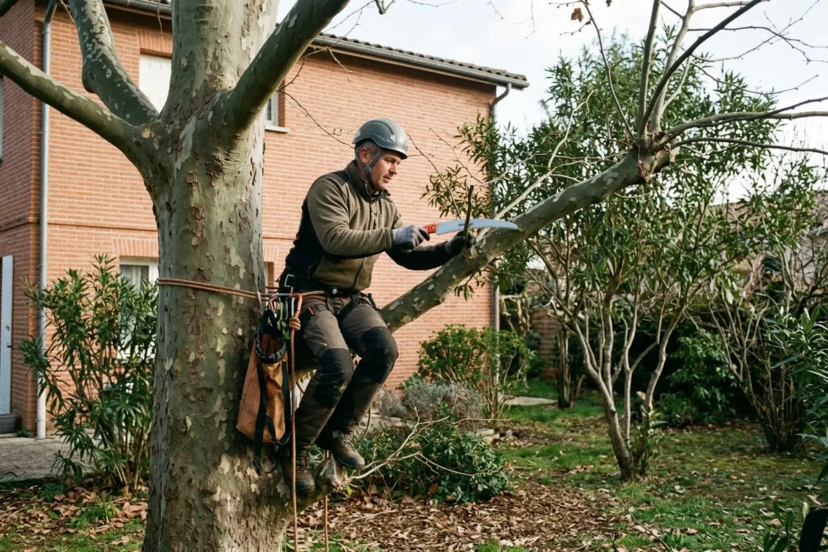 Élagueur en taille douce sur un arbre de jardin à Toulouse