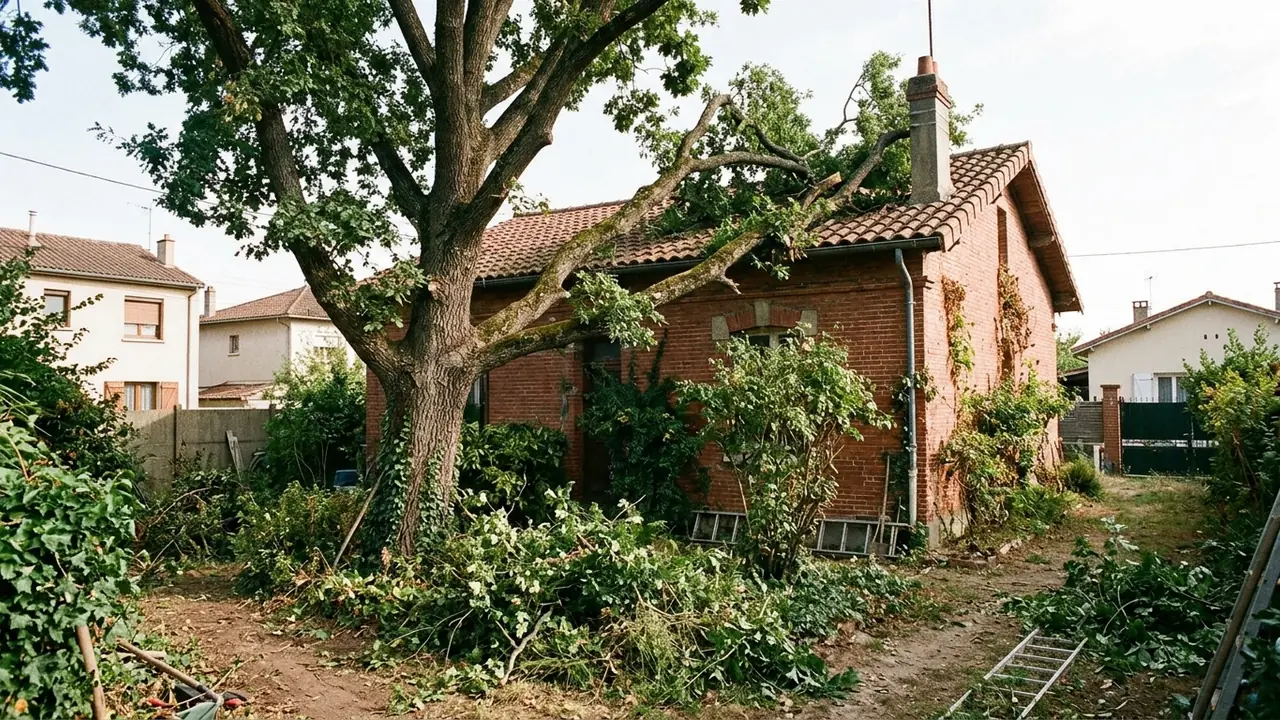 Grosse branche cassée posée sur une toiture avant intervention urgente à Toulouse