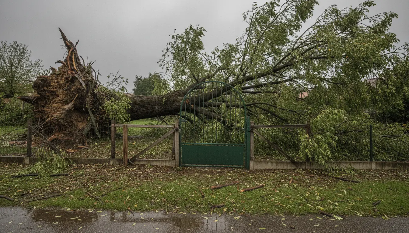 Arbre déraciné couché sur une clôture après tempête à Croix-Daurade