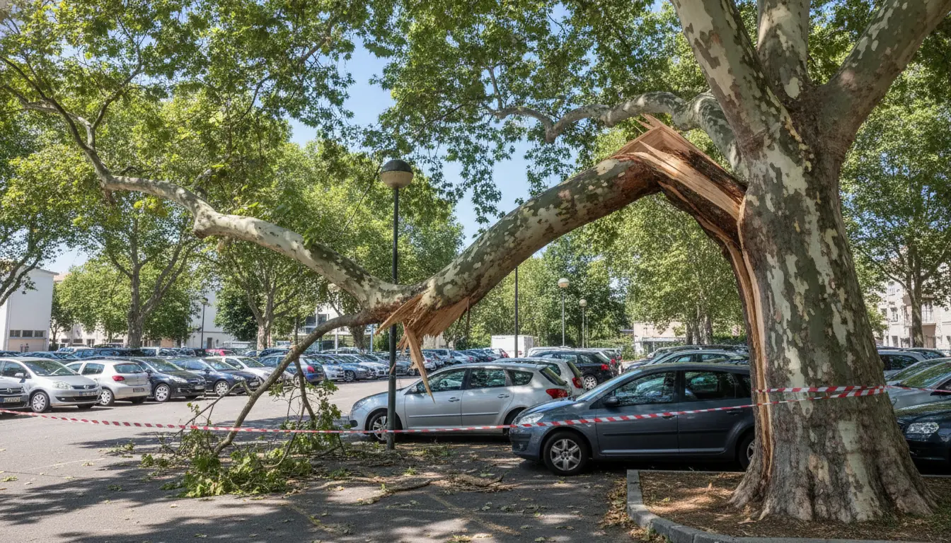 Grosse branche fissurée suspendue au-dessus d'un parking avant intervention à Empalot