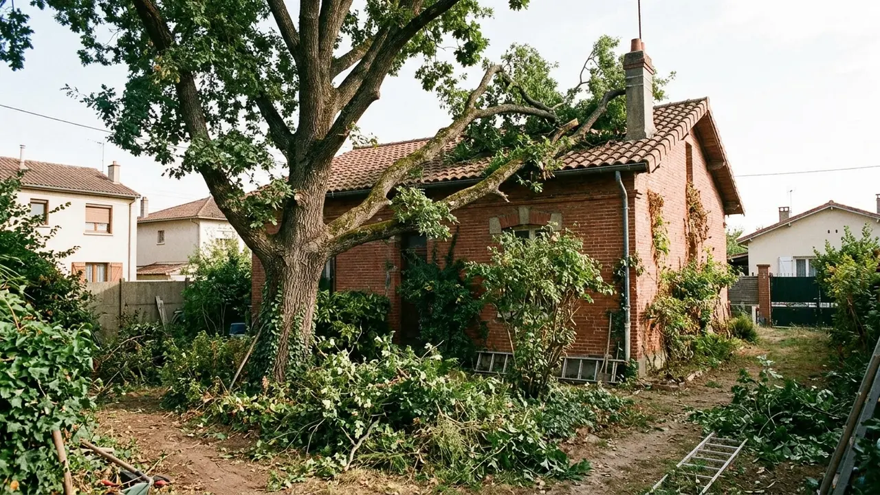 Grosse branche cassée posée sur une toiture avant intervention urgente à Toulouse