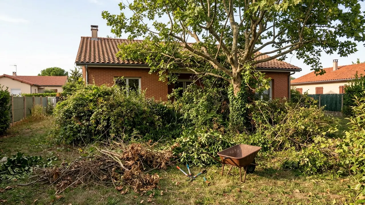 Tas de déchets verts et branchages dans une cour toulousaine avant ramassage