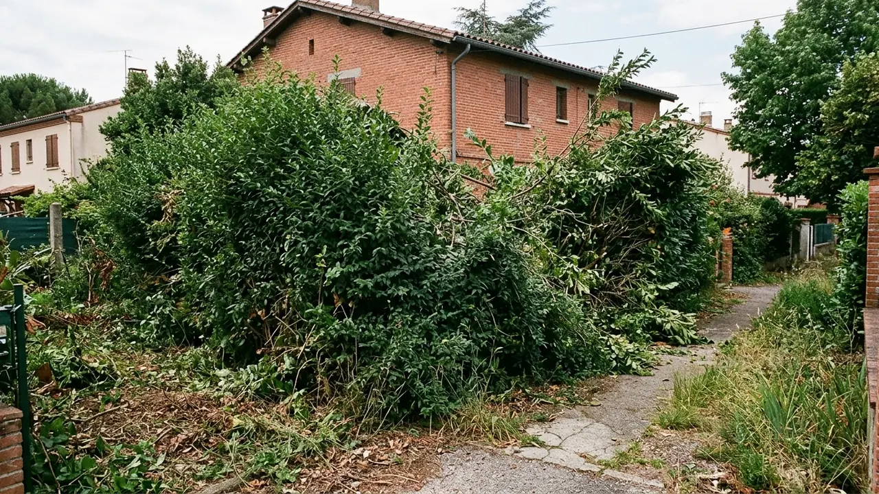 Haie de laurier trop large dans un jardin toulousain avant taille