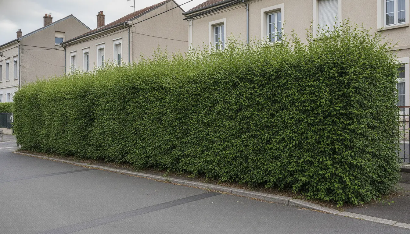 Haie de troènes remise au gabarit dégageant le trottoir à Croix-Daurade