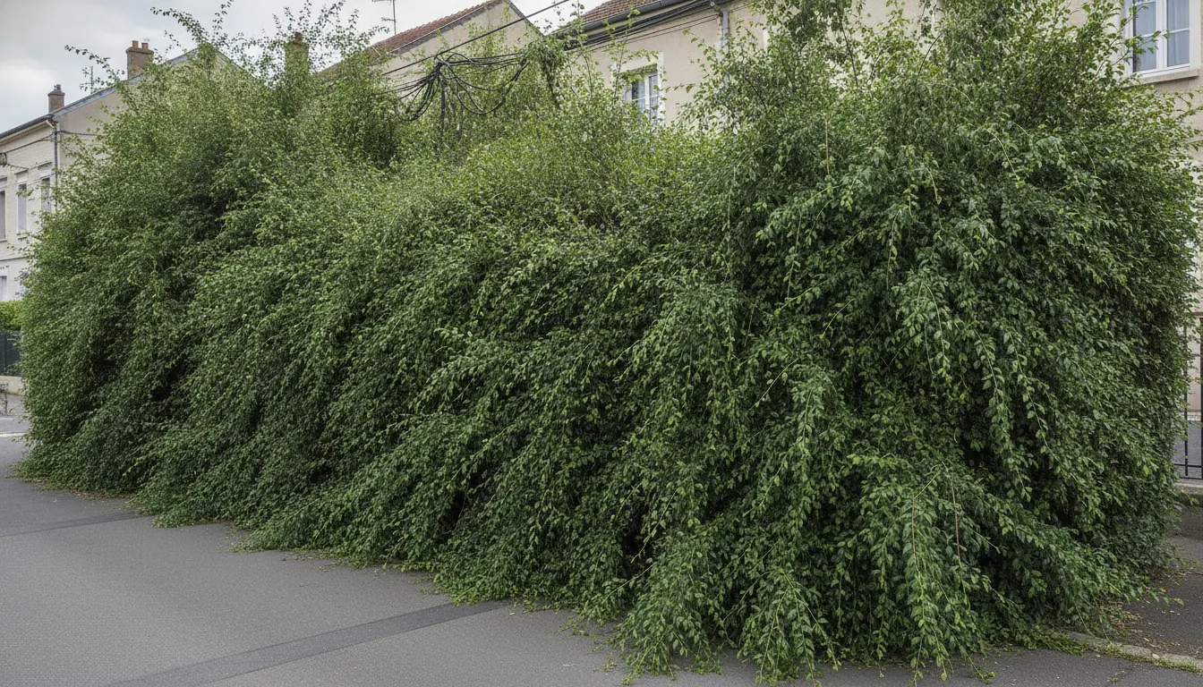 Haie de troènes débordant sur le trottoir avant taille à Croix-Daurade