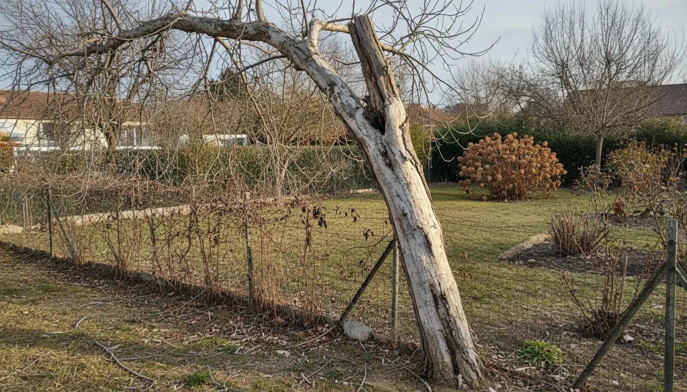 Peuplier mort penché vers un jardin mitoyen avant abattage quartier Ramassiers à Colomiers