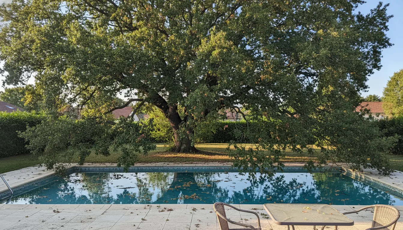 Chêne déséquilibré chargeant au-dessus d’une piscine avant réduction au Perget à Colomiers