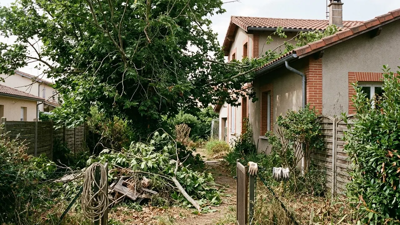 Tilleul trop dense au-dessus d'une terrasse avant taille quartier Belbèze à L'Union