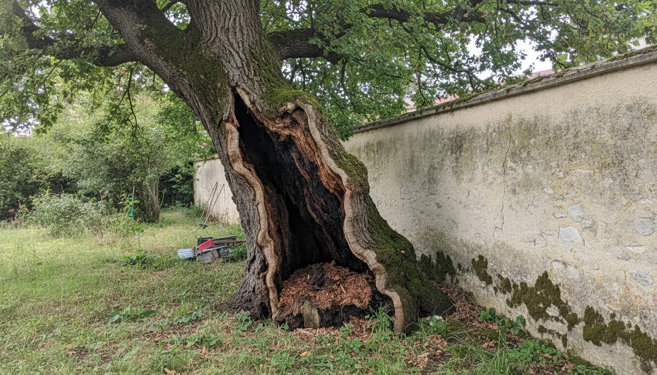 Chêne penché vers un mur mitoyen avant démontage quartier Les Ramassiers à L'Union