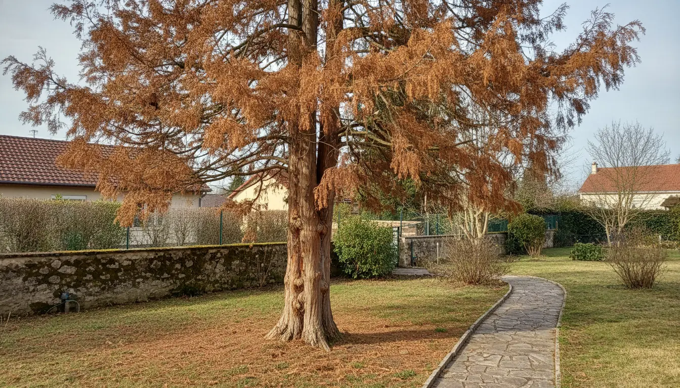 Chêne mort et fendu dans un jardin de Taure avant abattage