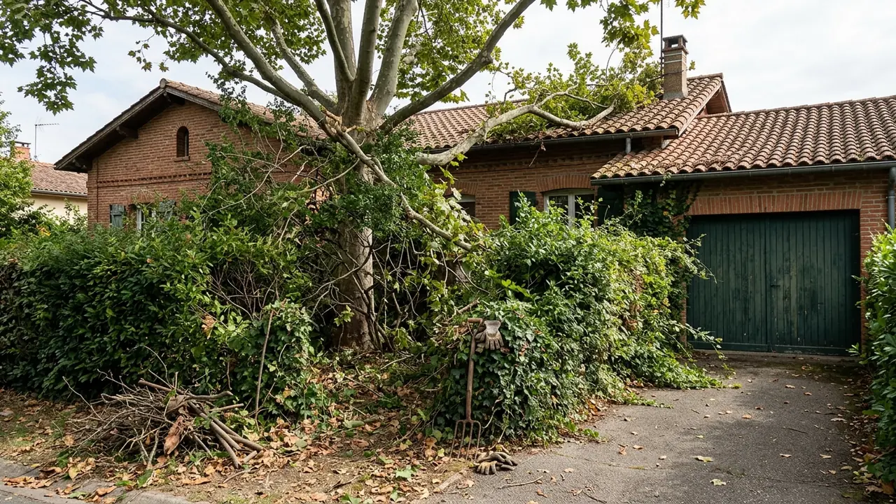 Frêne penché au-dessus d'une maison à Port Sud, Ramonville-Saint-Agne, avant intervention