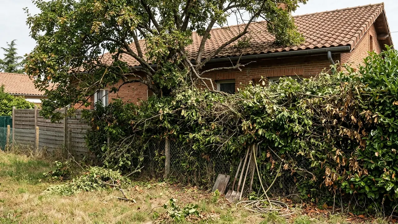 Grand cèdre surplombant un pavillon à Pahin, Tournefeuille, avant intervention